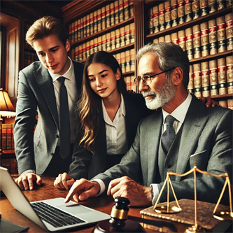 2025-01-20 - 2L Law Student Mentorship Senior male lawyer mentoring two 2L law students in a traditional law firm office with bookshelves, a laptop, and legal documents.