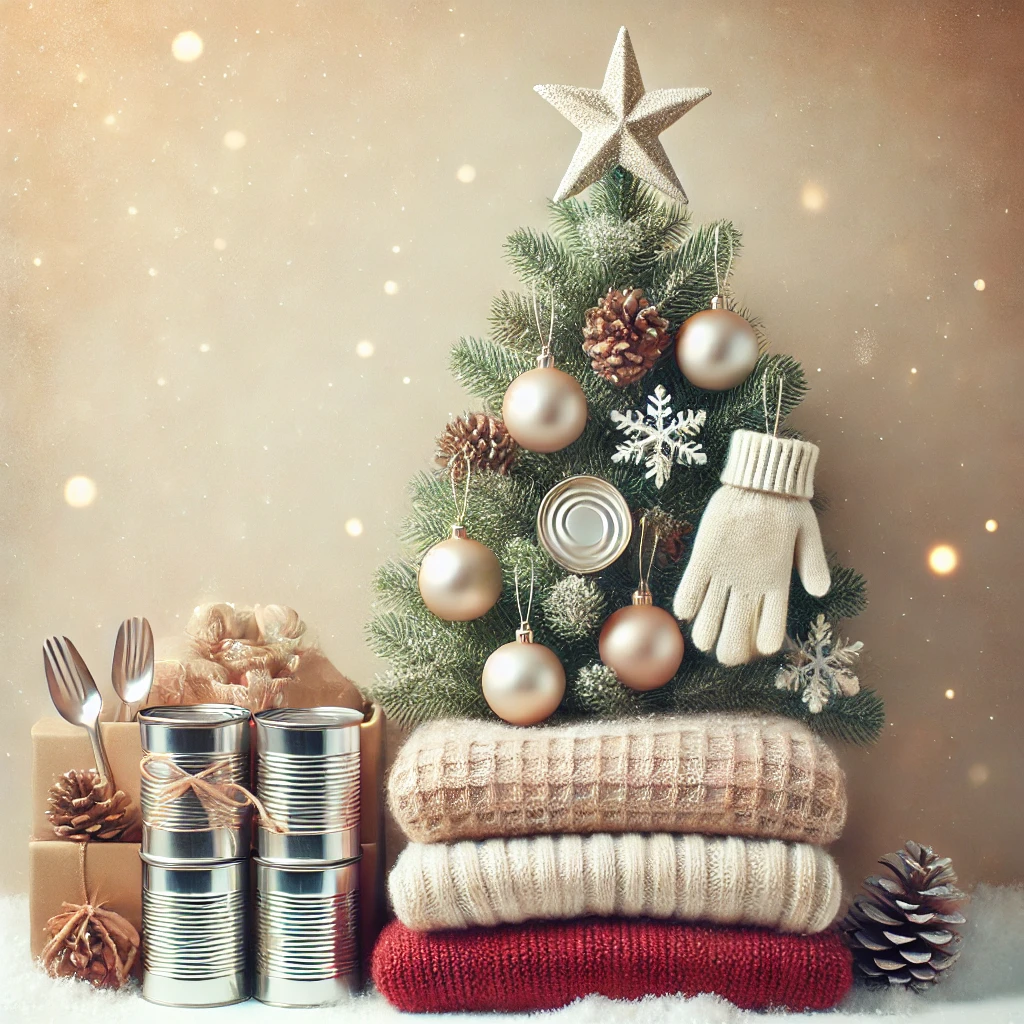 A festive and professional image featuring a Christmas tree decorated with perfectly arranged canned goods and neatly folded winter clothing items such as scarves, gloves, and hats.