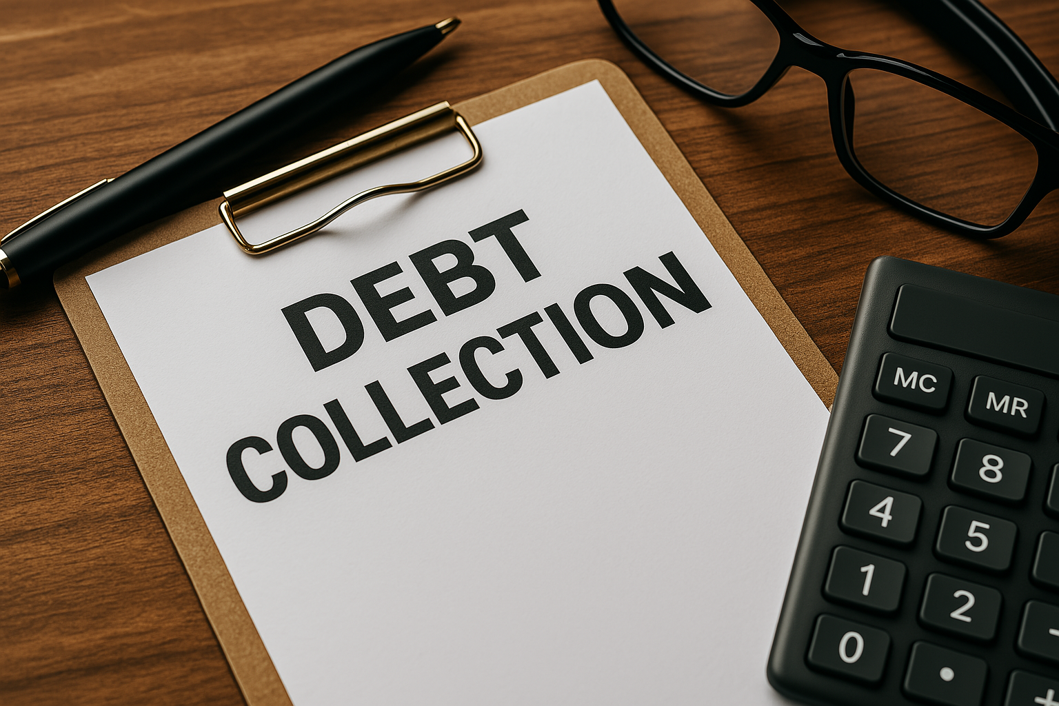 Close-up of a business desk with overdue invoices, a red warning stamp, and a calculator, symbolizing commercial debt pressure and the urgency to initiate legal recovery.