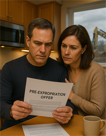 Pre-Expropriation Offer Image - Jul 21, 2025 Middle-aged couple in a kitchen intently reading a document titled “PRE-EXPROPRIATION OFFER,” with concerned expressions and construction equipment visible through the window behind them.
